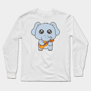 Adorable Elephant Playing Acoustic Guitar Cartoon Long Sleeve T-Shirt